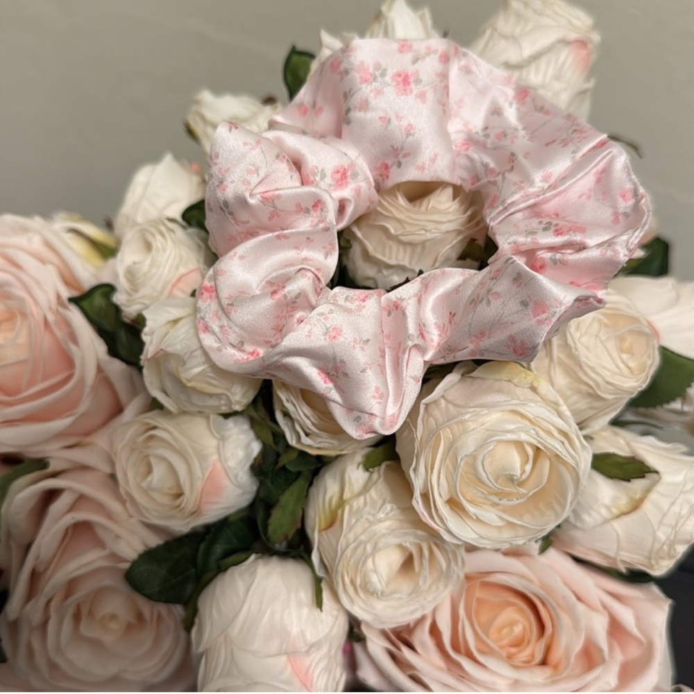 Love Shack Fancy x Goody Pink Floral Satin Scrunchie - Hair Accessory - Picture 2 of 5